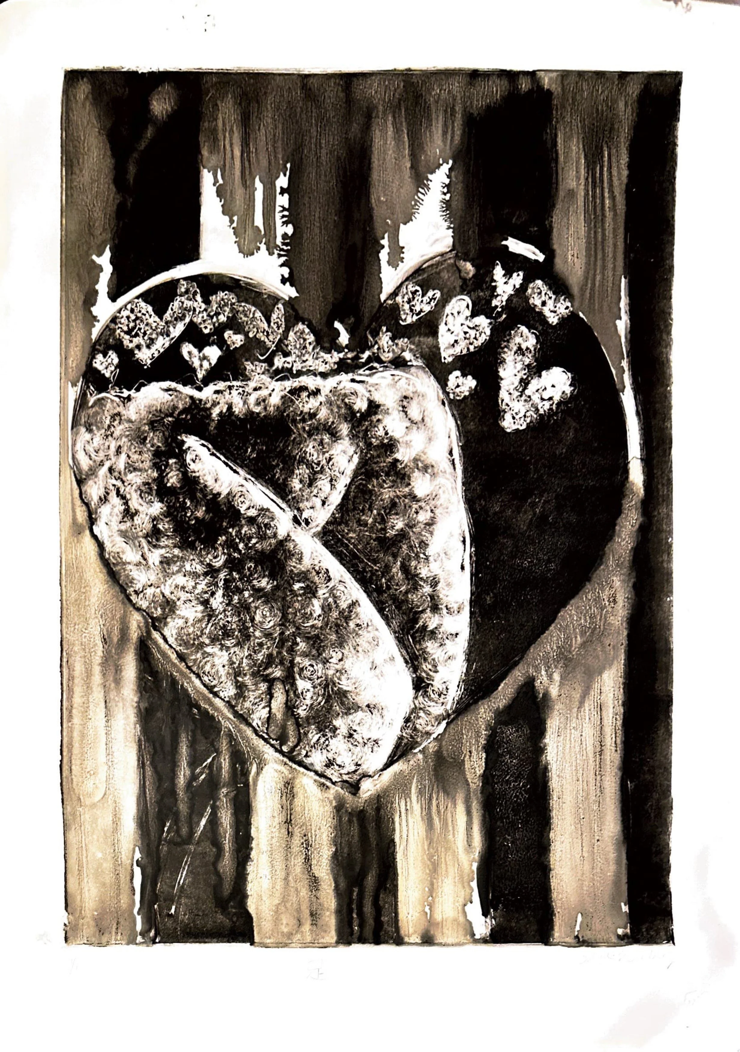 A black and white painting of a heart with two peaches inside, set against an abstract background with vertical streaks.