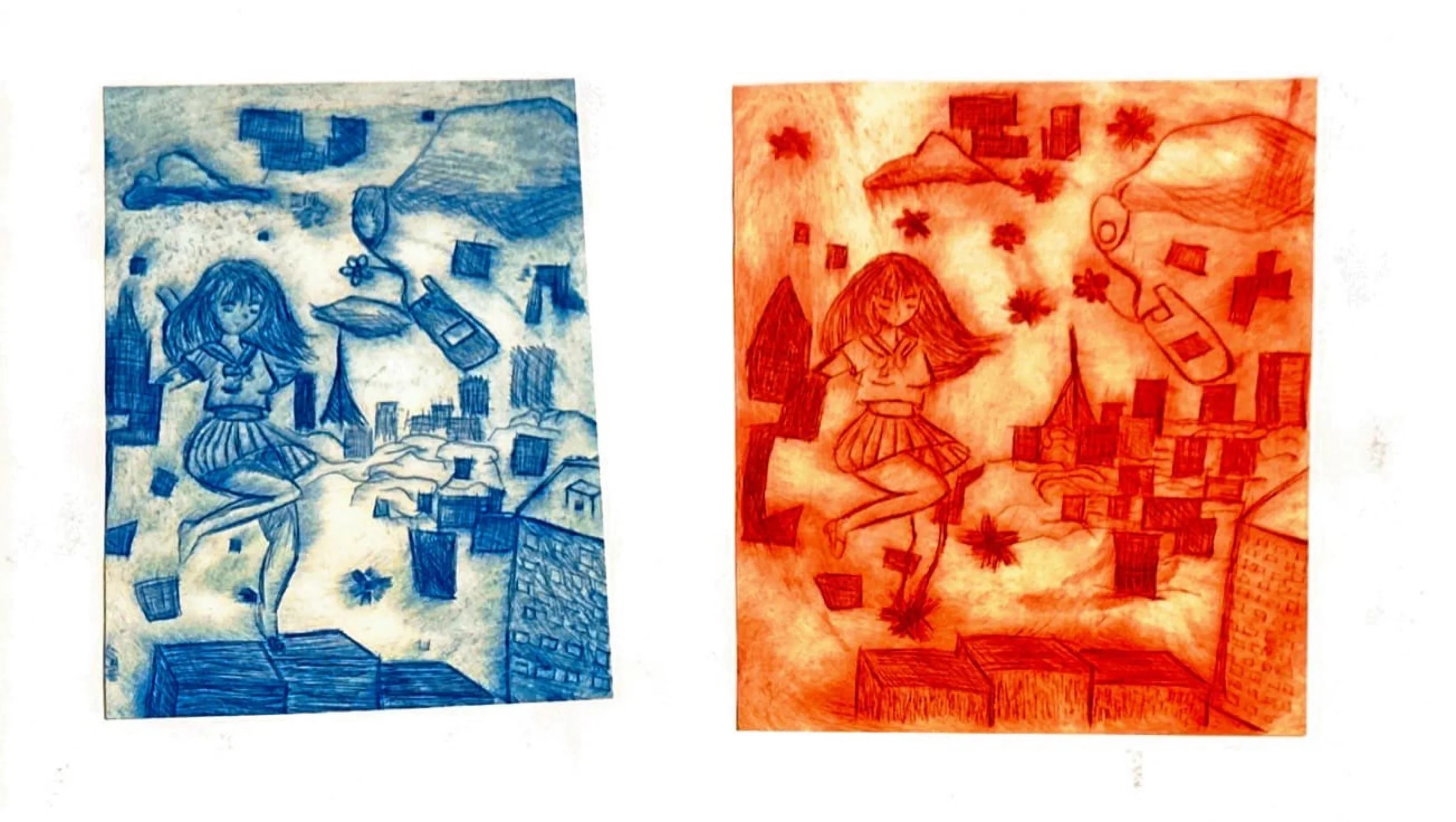 Two drawings of a girl, one on left in blue and one on right in red, showing her sitting among floating papers and city buildings, with a cloud and a spray bottle also depicted.