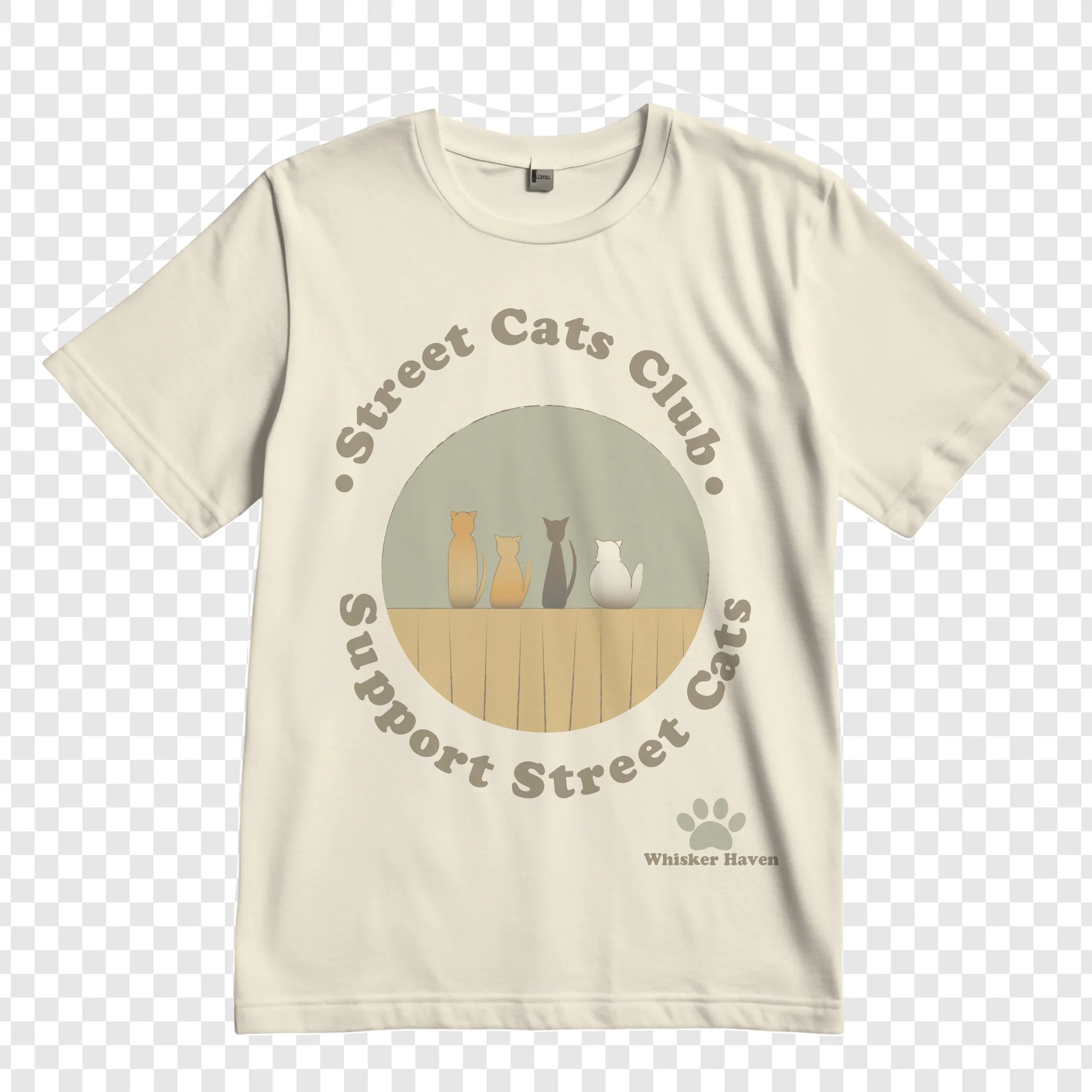 A white T-shirt featuring a circular graphic with four stylized cat silhouettes sitting on a wooden floor, encircled by text that reads 'Support Street Cats Club' and 'Street Cats' and includes a paw print with the words 'Whisker Haven' underneath.
