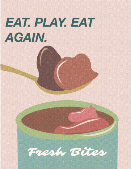 A spoonful of pet food with two types of meat above a can of pet food labeled 'Fresh Bites' and text 'EAT. PLAY. EAT AGAIN.' in the top left corner.