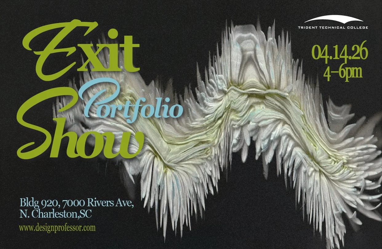 Event poster for an Exit Show featuring a portfolio at Trident Technical College. The background displays an abstract, spiky, white and gray design. The event is scheduled for April 14, 2026, from 4 to 6 PM at Building 920, 7000 Rivers Ave., North Ch