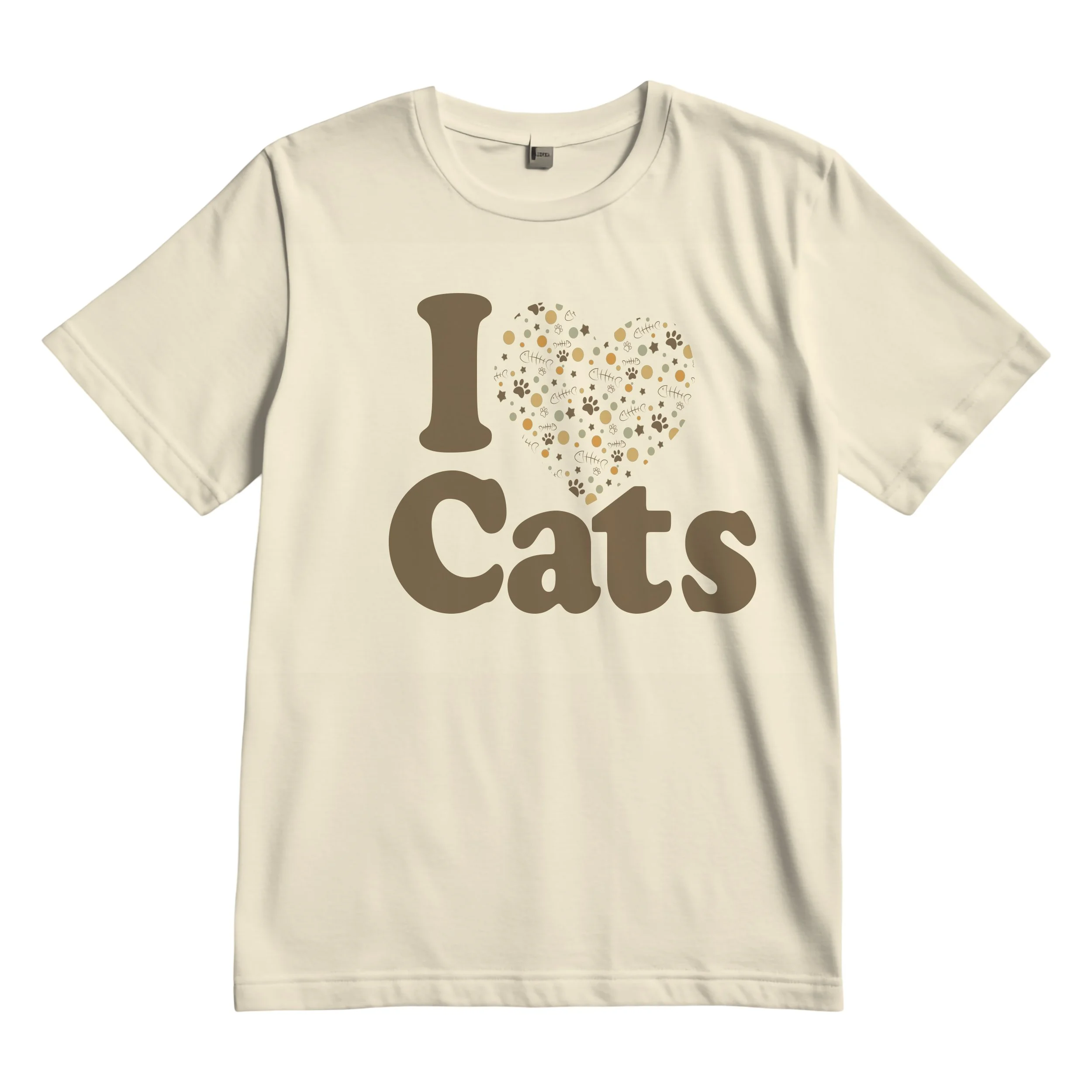 Cream-colored T-shirt with the text "I love Cats" in large brown letters and a heart shape filled with small cat-related icons.