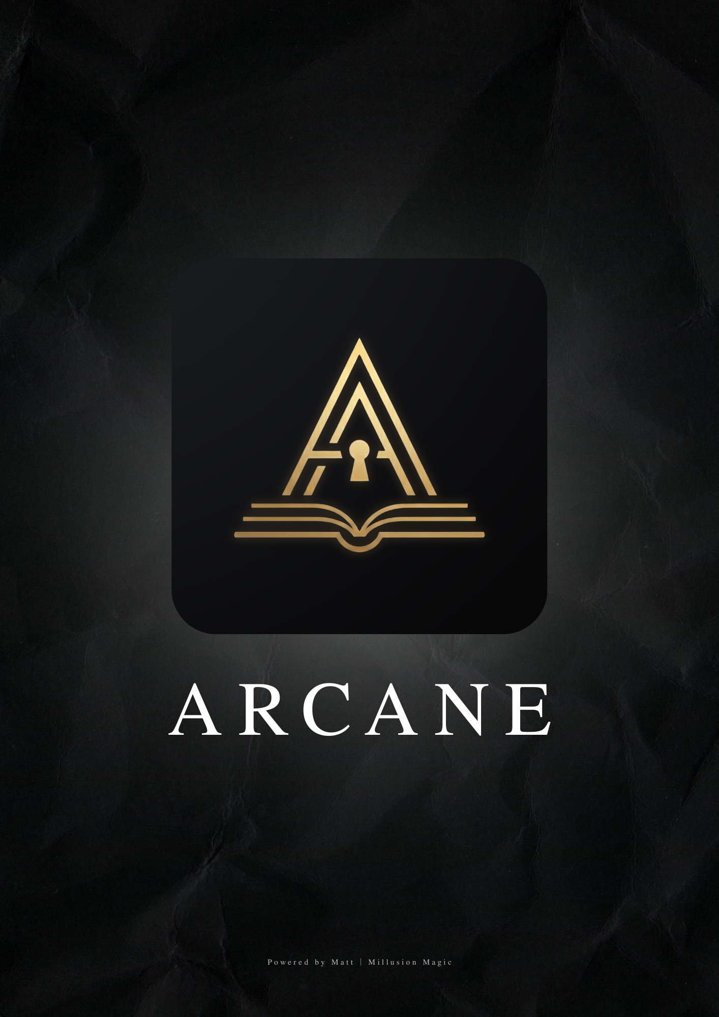 A black background with a glowing gold geometric logo resembling a library or knowledge symbol, with the word 'ARCANE' written below in white capital letters.