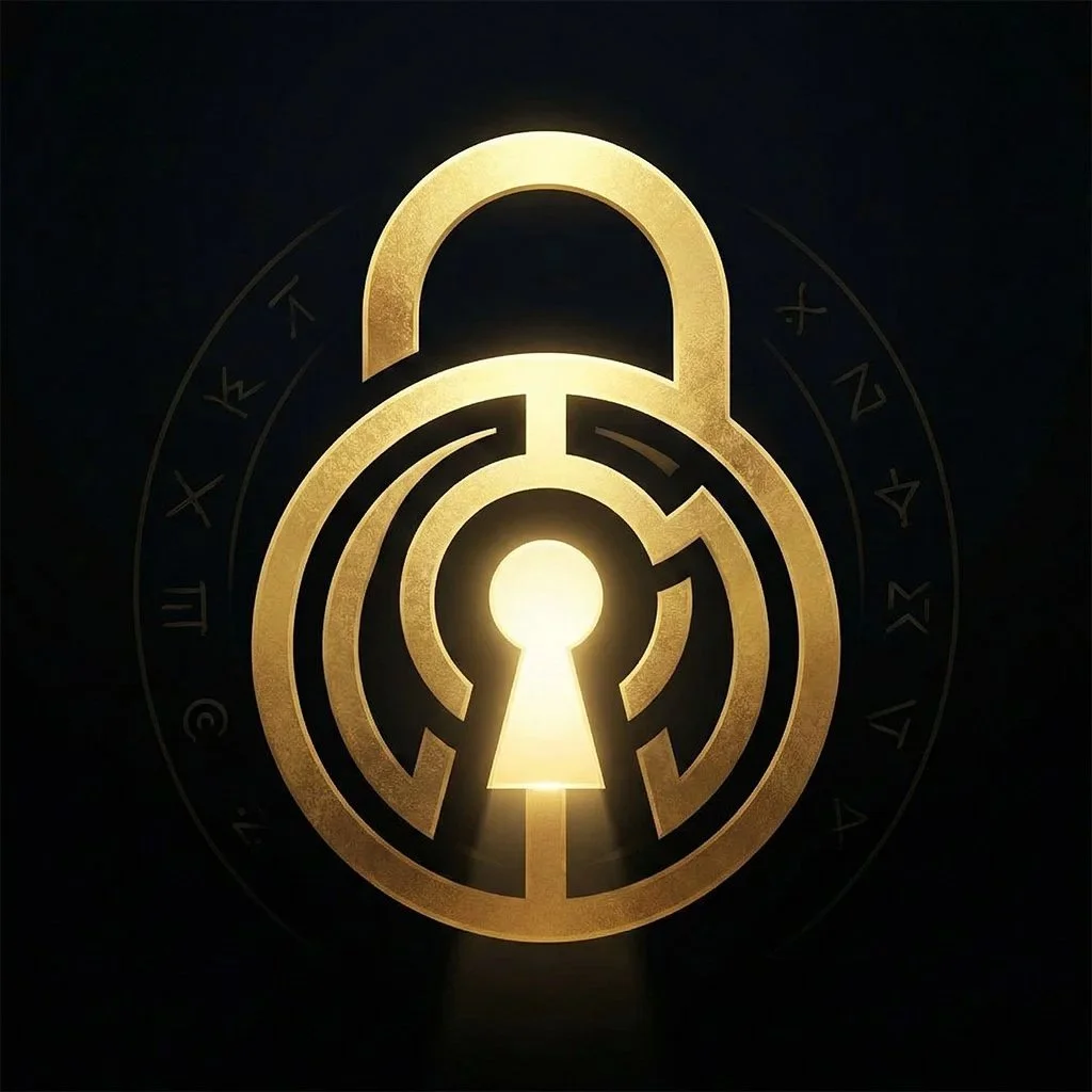 A glowing golden lock with a keyhole against a dark background with faint symbols or runes around it.