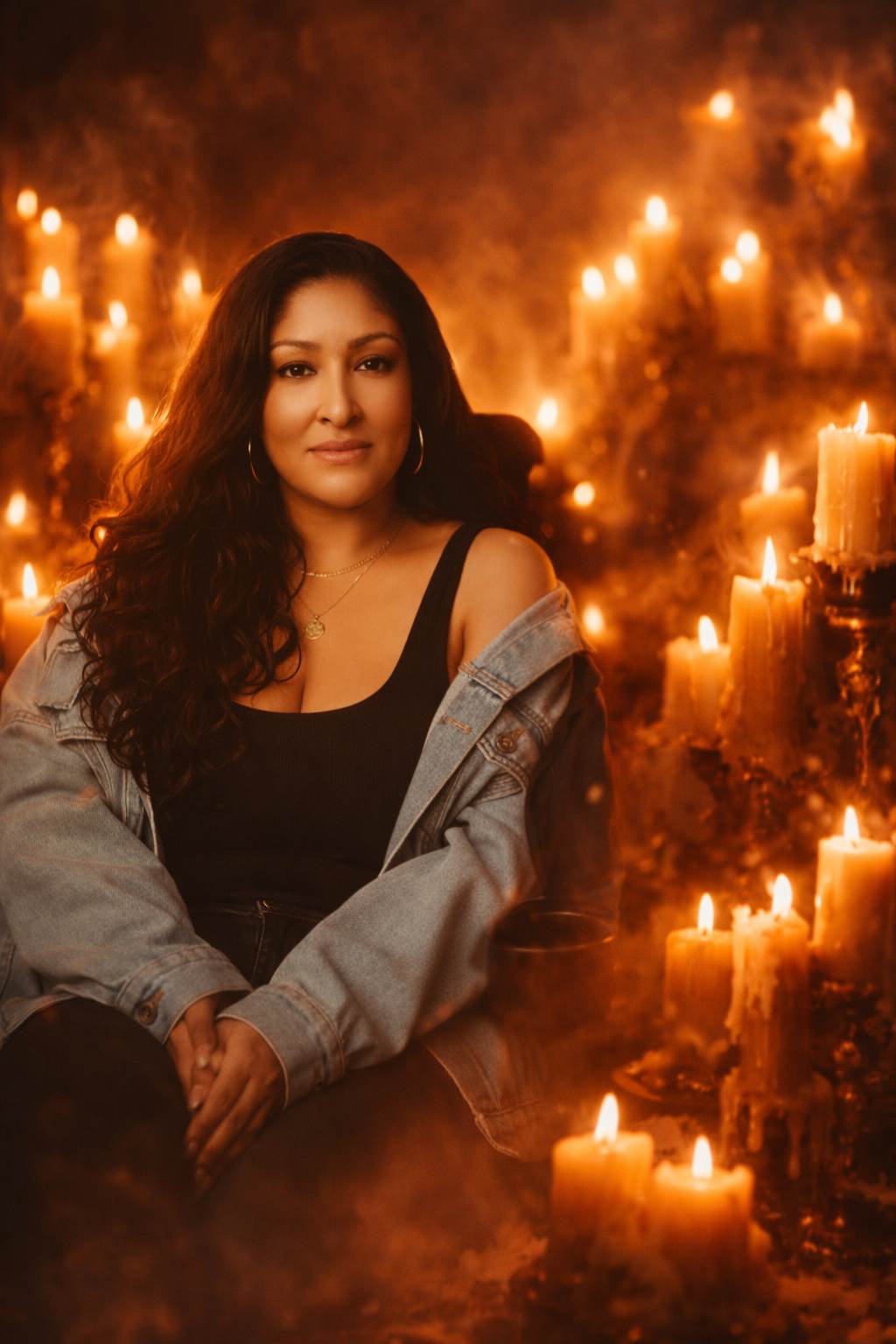 Jupiter Rivers sits amongst burning candles.