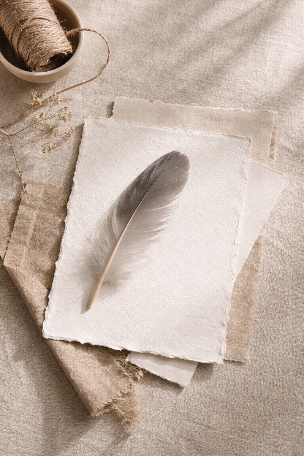 Grey feather resting on handmade paper layered over natural linen with twine and dried florals, styled for The Grey Feather Collective contact page.