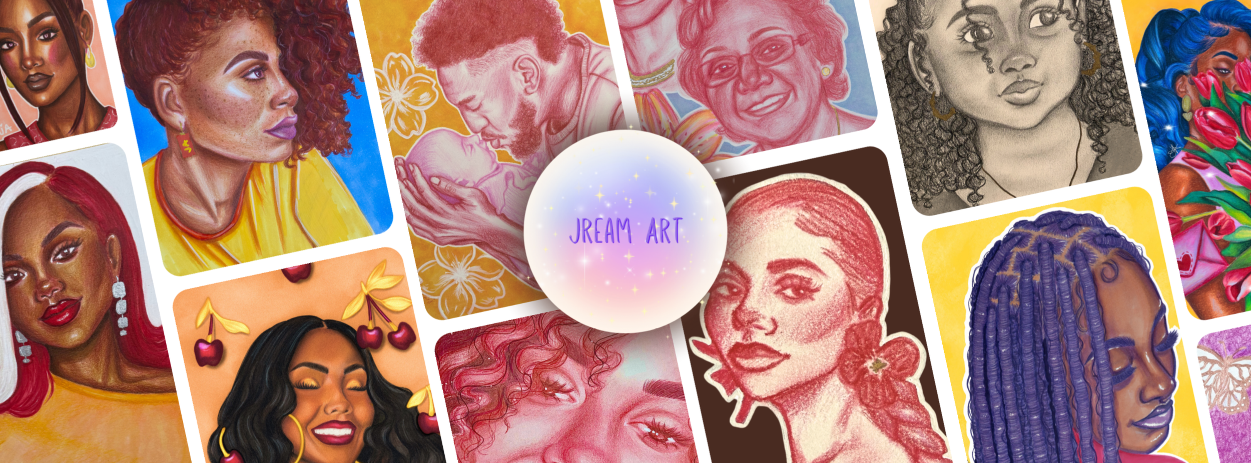 Background image of Jream Art custom portraits and designs. The portraits features many different colors of a diverse group of individuals.