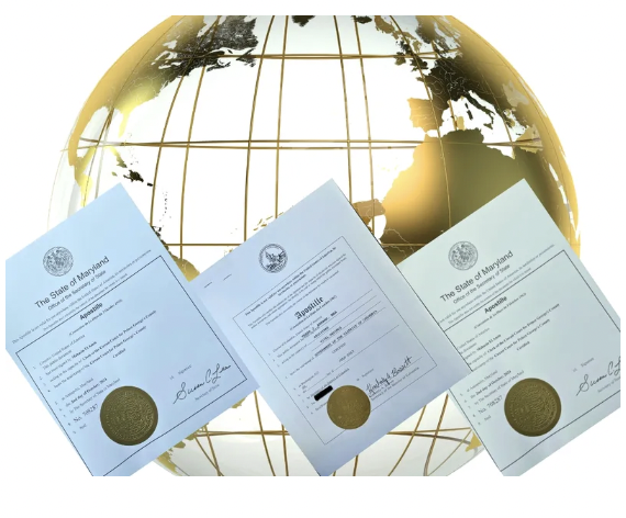 Images of three official documents with gold seals overlay a golden globe with a grid map of the world.