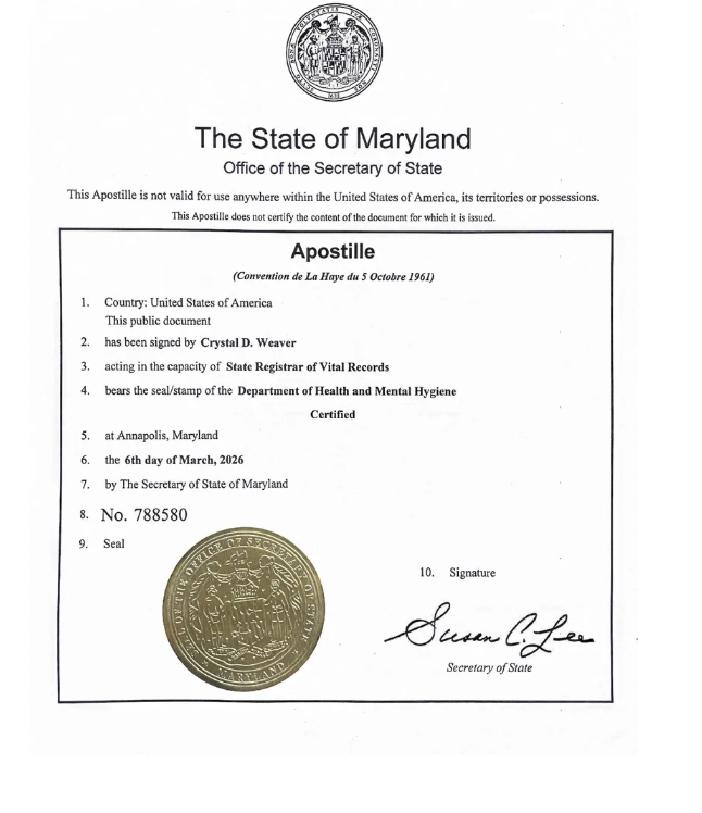 Official Maryland state document with the state seal at the top and a gold embossed seal at the bottom. Contains text about an apostille for a document signed by a state official.