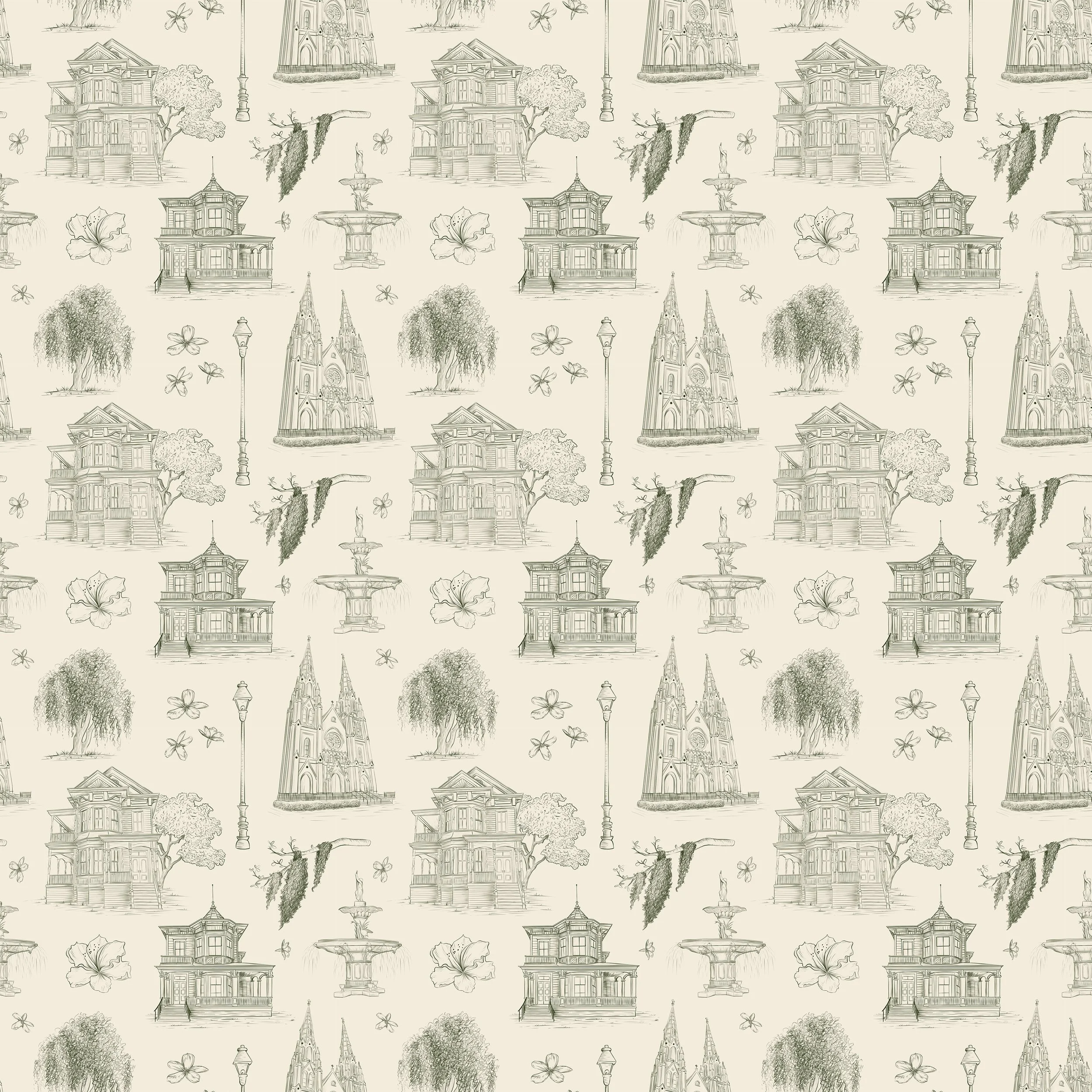 This collection is inspired by my time in Savannah more specifically the intricate architecture and beautiful nature. This pattern was created using a toile style to give it that old fashioned look. 