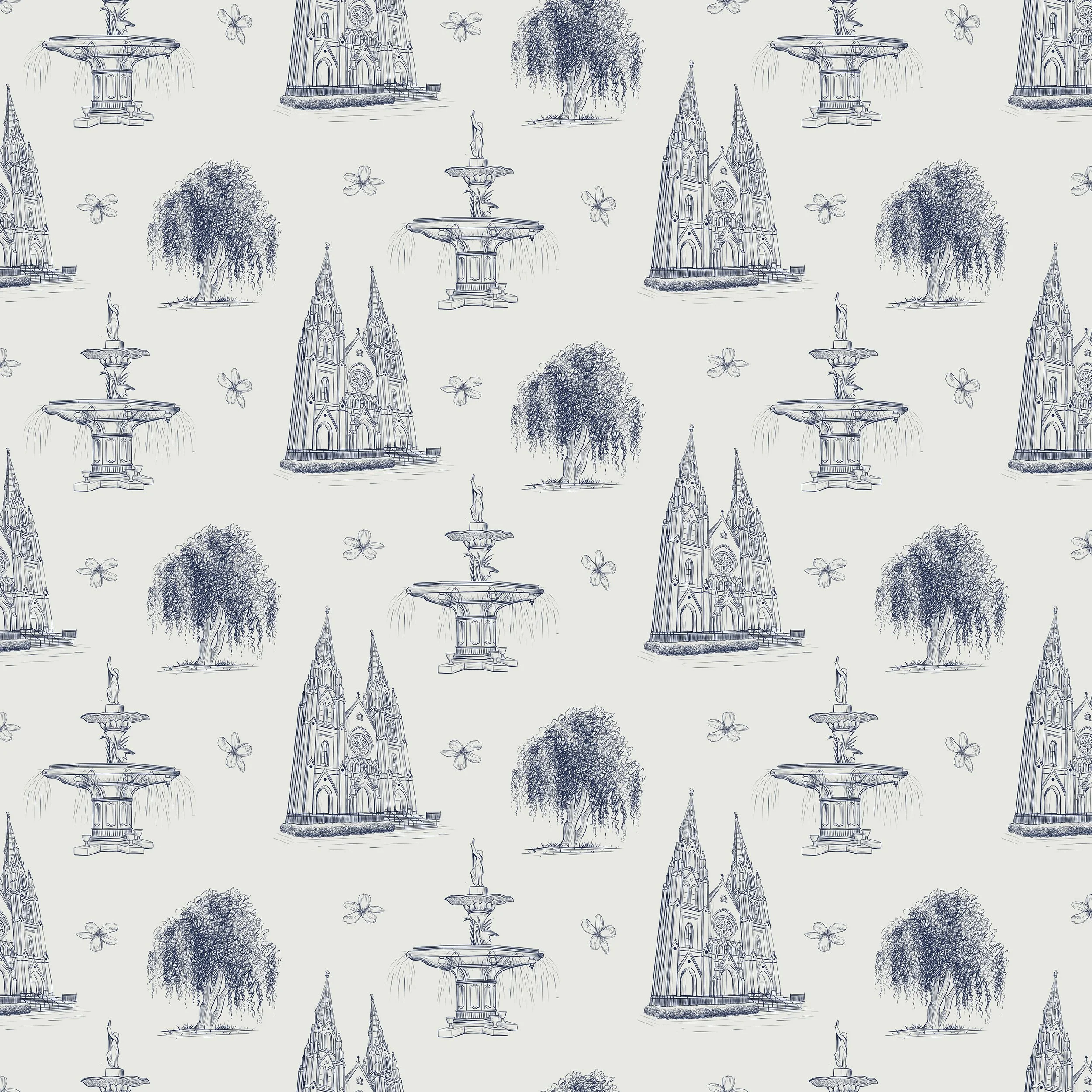 This collection is inspired by my time in Savannah more specifically the intricate architecture and beautiful nature. This pattern was created using a toile style to give it that old fashioned look. 