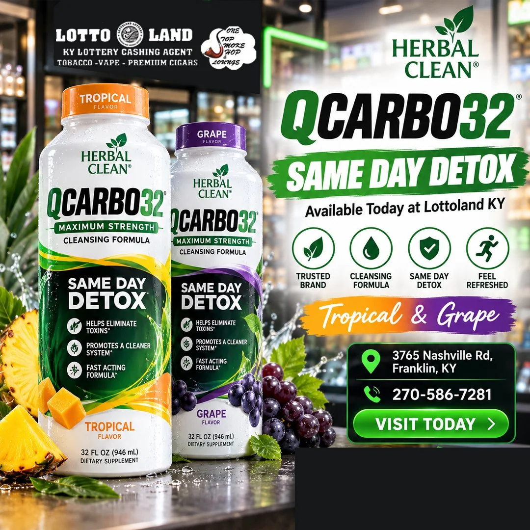 Looking for Herbal Clean QCarbo32 in Franklin, KY? Lottoland KY has it in stock and ready for pickup today.
Choose QCarbo32 32 oz in Tropical or Grape and grab what you need without waiting on shipping. We keep popular cleansing products and smoke sh