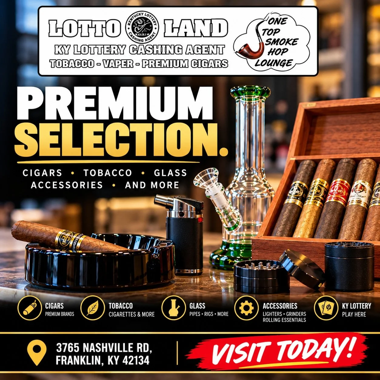 PREMIUM SELECTION. LOCAL CONVENIENCE. ONE DESTINATION.

Looking for a smoke shop in Franklin, KY? Discover why Lottoland KY is worth the stop!

From premium cigars and tobacco products to quality glassware, smoking accessories, lighters, grinders, an