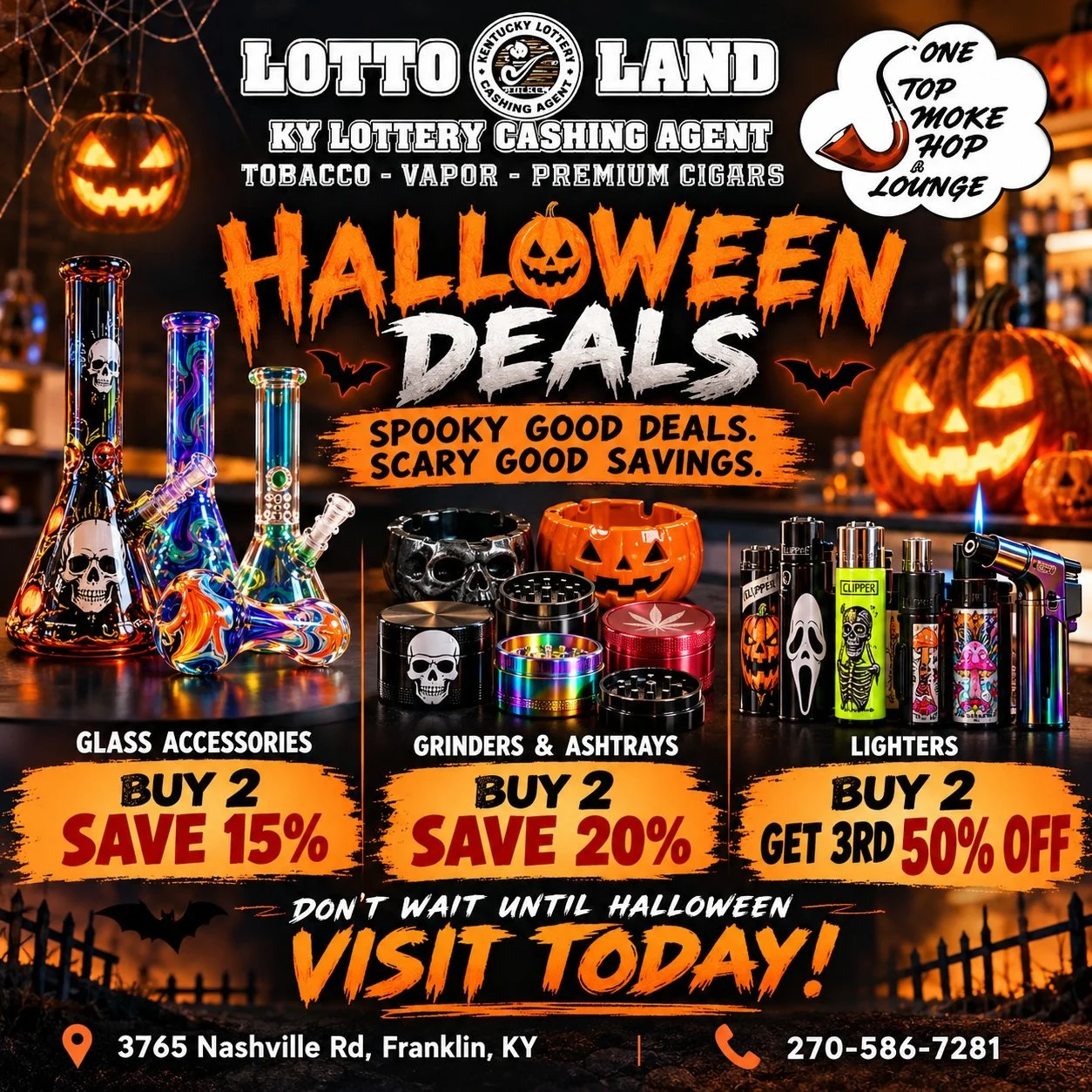 🎃 HALLOWEEN IN FRANKLIN, KY? MAKE LOTTOLAND KY YOUR SPOOKY SHOPPING STOP! 👻

🔥 LOTTOLAND KY IS BRINGING SCARY GOOD HALLOWEEN SAVINGS TO FRANKLIN, KENTUCKY!

Looking for Halloween deals in Franklin, KY? Visit LOTTOLAND KY on Nashville Road for grea