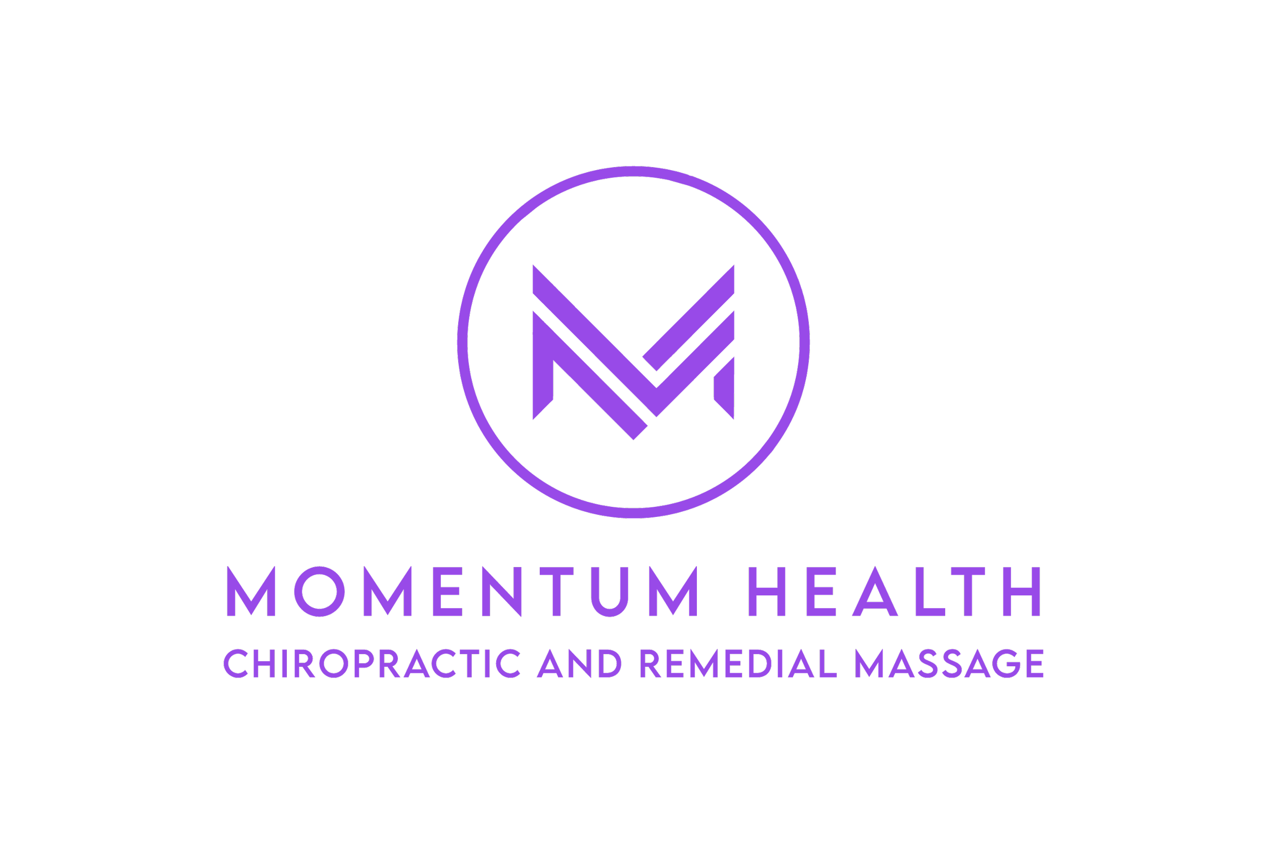 Logo for Momentum Health, a chiropractic and remedial massage business, featuring a purple abstract 'M' enclosed in a circle, with the business name and services in purple text on a black background.