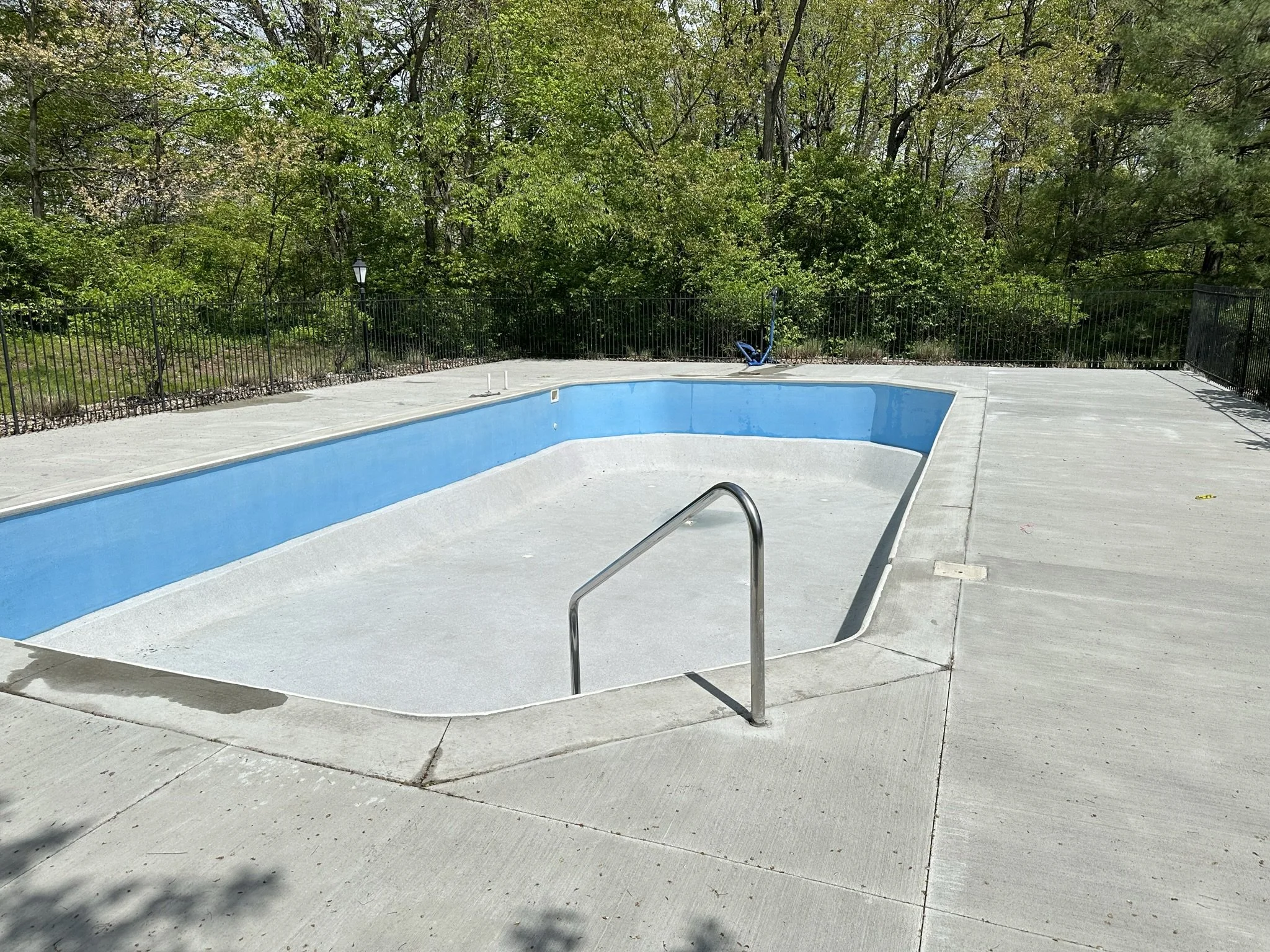 Empty swimming pool with a metal handrail, surrounded by a concrete deck and black metal fence, with trees and greenery in the background.