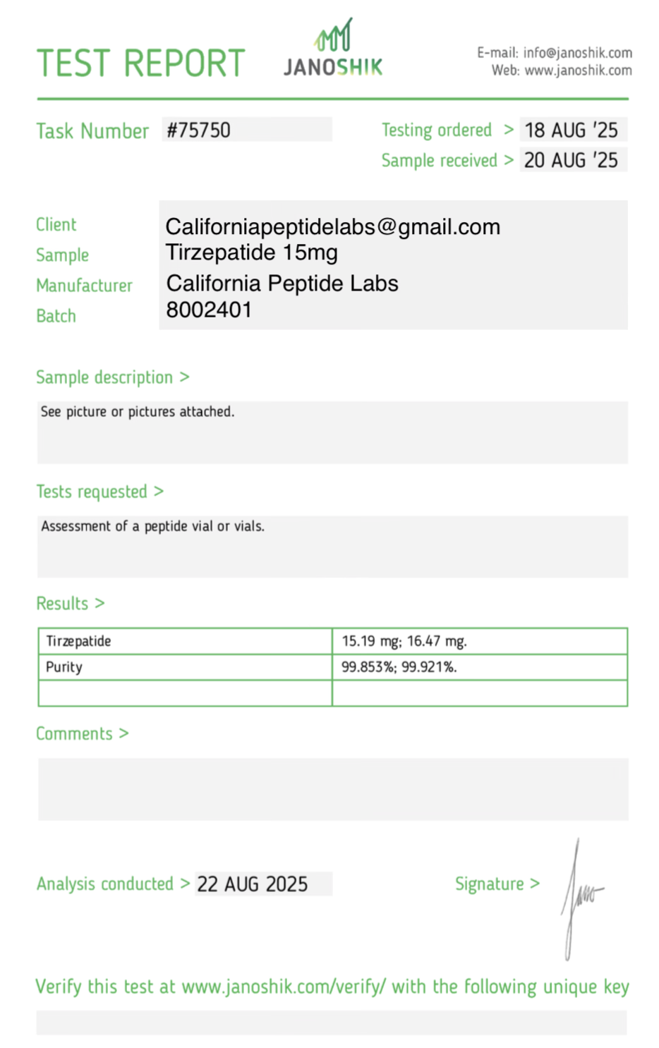 Laboratory test report from Janoshik for a tirzepatide 15 mg sample, including test results, date, and client information.