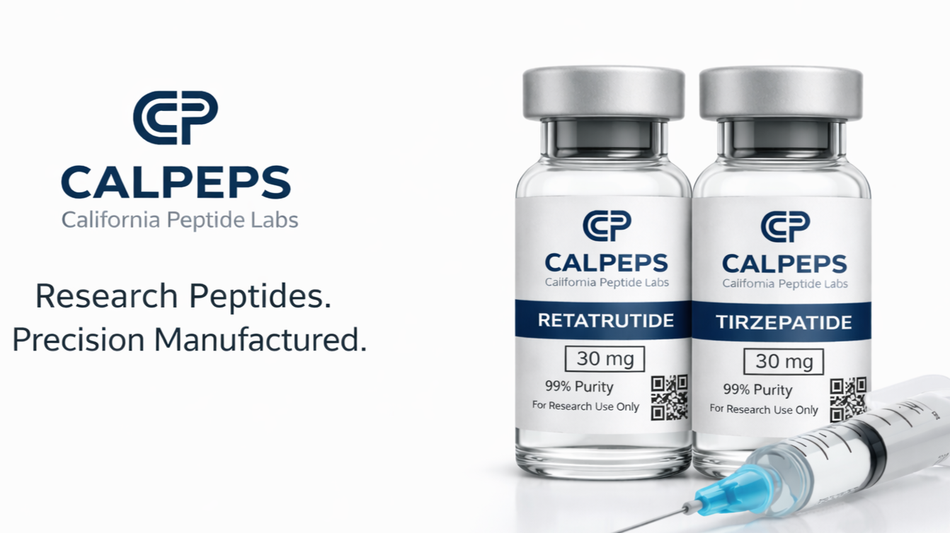 Two bottles of research peptides labeled Retatrutide and Tirzepatide alongside a syringe, with Calpeps California Peptide Labs branding and the slogan "Research Peptides. Precision Manufactured."