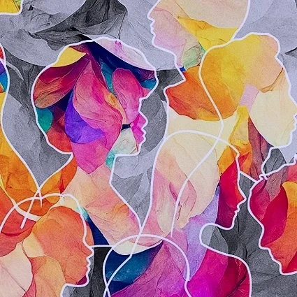 Colorful abstract paper art with leaf and flower shapes in vibrant shades of pink, yellow, orange, purple, and blue, with white string-like lines on a gray background.