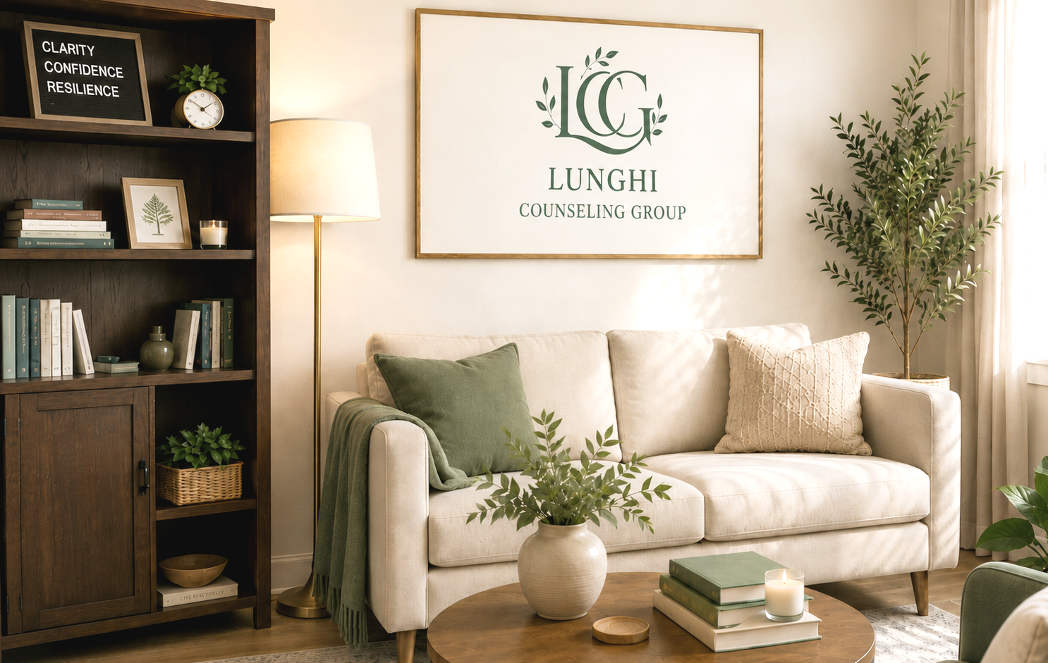Living room with a white sofa, green pillows, a wooden coffee table with books and a candle, a tall potted plant in the corner, floor lamp, and a framed sign on the wall reading 'Lunghi Counseling Group' with a logo of the initials 'LC' and leaves.