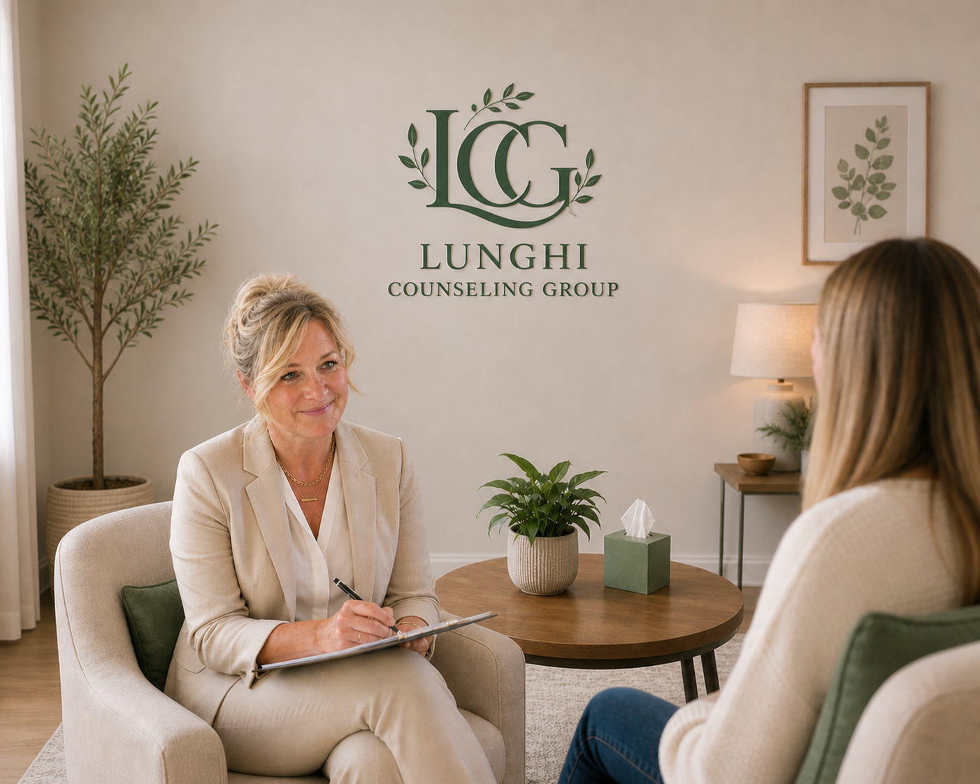 A counseling session at Lunghi Counseling Group with a therapist and a client seated in a cozy office with plants and soft lighting.