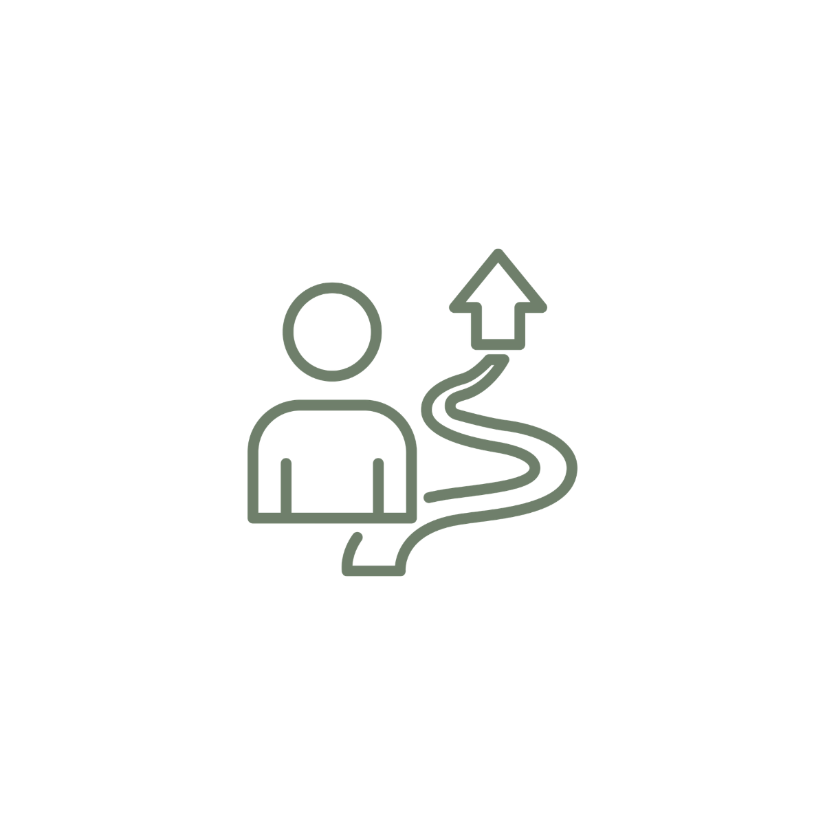Line drawing of a person walking on a winding path leading to an upward arrow.