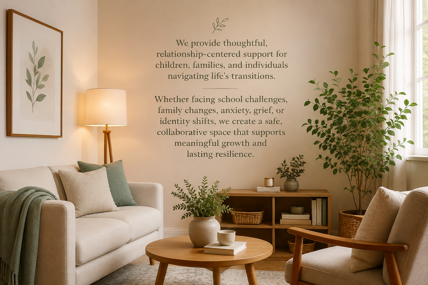 Living room with beige sofa, armchair, wooden coffee table, and green plants. Wall quote about providing support for children, families, and individuals navigating life's transitions.