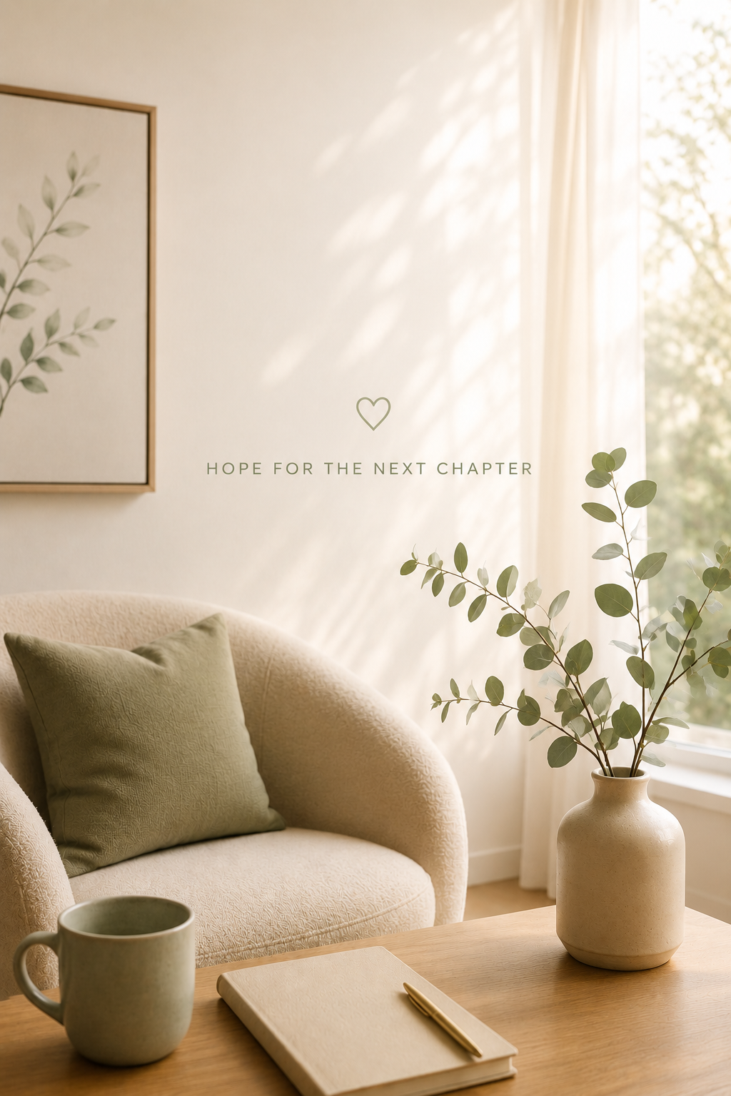 Interior living space with a beige sofa, green pillow, potted branch plant, and sunlight filtering through sheer curtains, with text 'Hope for the next chapter' and a heart icon.