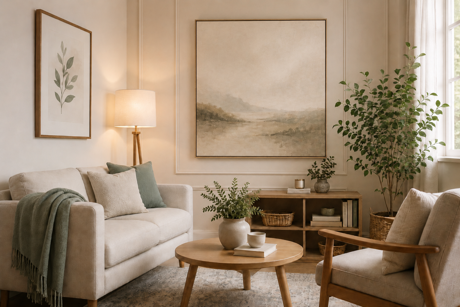 Cozy living room with a nice couch and windows- is comforting, welcoming, warm, and trusted.