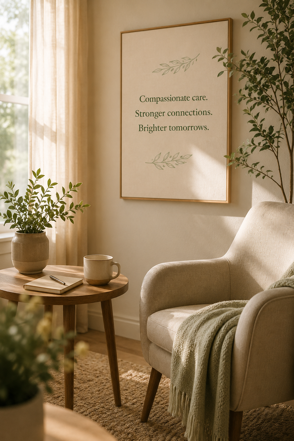 A cozy living room corner with a beige armchair draped with a green throw blanket, a wooden side table holding a potted plant, a mug, and a notebook with a pen. A large framed print on the wall reads, "Compassionate care. Stronger connections. Brighter tomorrows." near a window with sheer curtains, and tall houseplants beside the armchair.