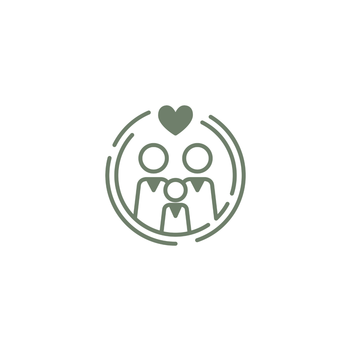 Outline icon of a family of three with a heart above them within a circle.