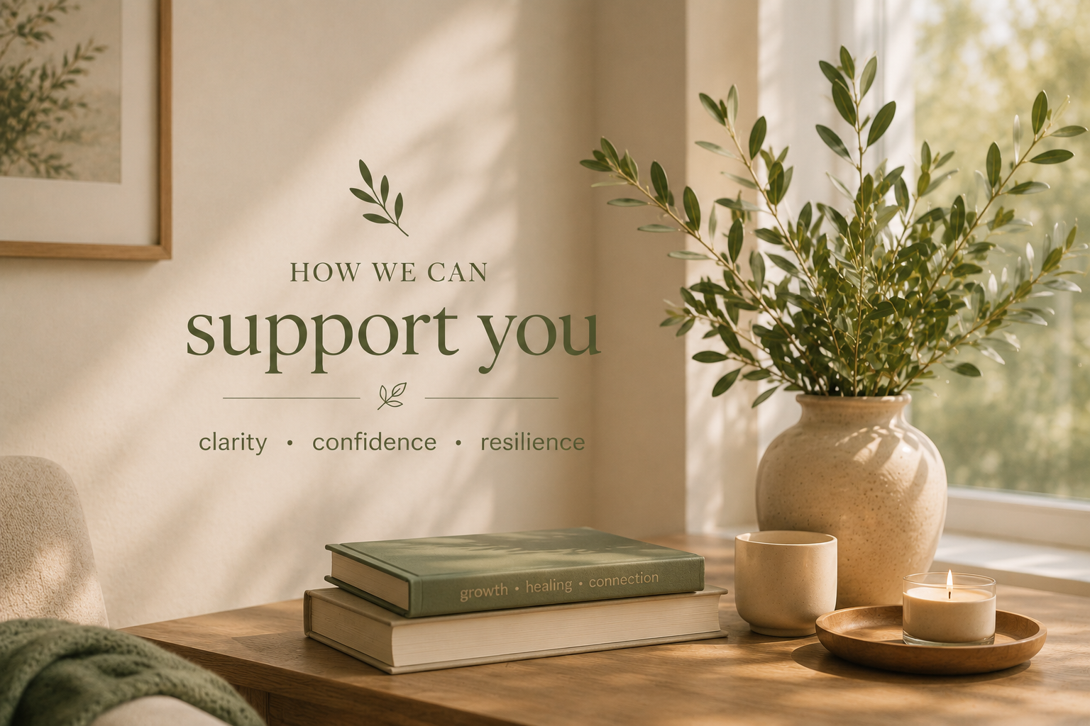A peaceful home decor scene featuring a large green leafy plant in a beige ceramic vase, two stacked books with the words 'growth,' 'healing,' and 'connection' on the top book, a small beige ceramic cup, a lit candle in a glass holder, and natural sunlight streaming through a window with a light-colored curtain.