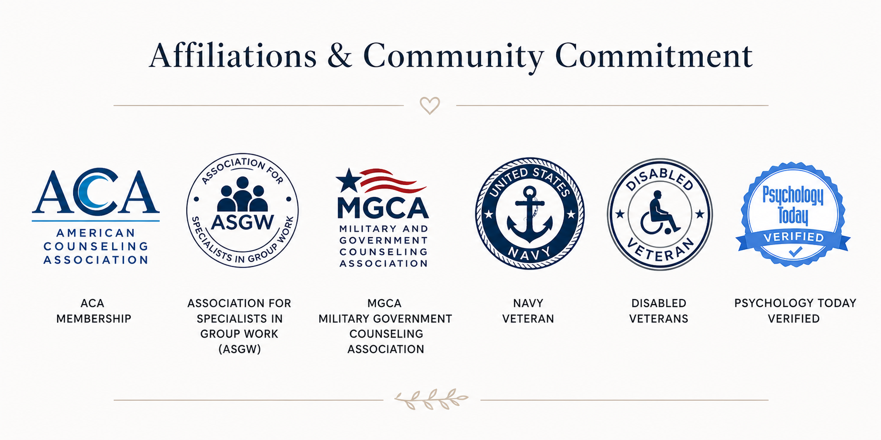 Icons and text showing affiliations and community commitments, including American Counseling Association, Association for Specialists in Group Work, Military and Government Counseling Association, Navy Veteran, Disabled Veteran, and Psychology Today Verified.