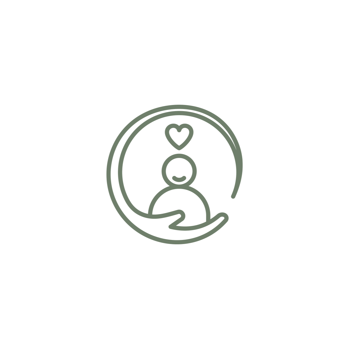 Line drawing of a hand holding a fetus, enclosed in a circle with a heart above the fetus's head.