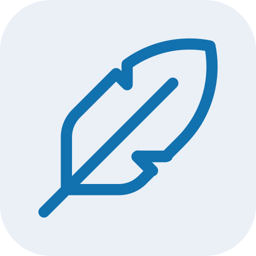 Icon of a feather in blue outline.