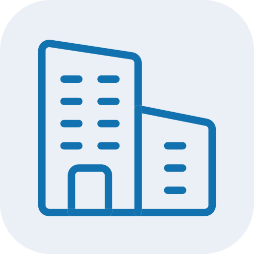 Icon of two office buildings, one taller and one shorter, in blue outline.