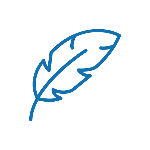 Outline drawing of a feather in blue on a white background.