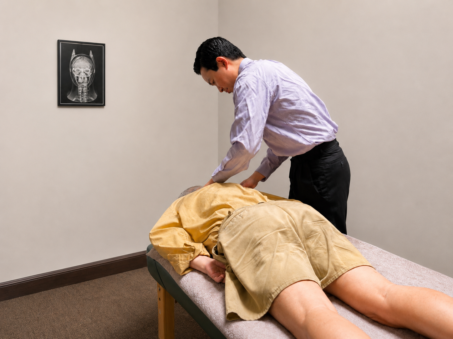 A man in a purple shirt performs CPR on a person lying face down on a massage table in a medical office. There is an X-ray of a skull on the wall.
