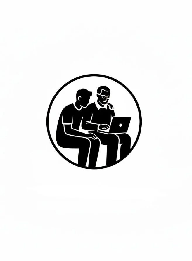 Two men sitting close together, looking at a laptop, one with glasses, inside a circular frame.