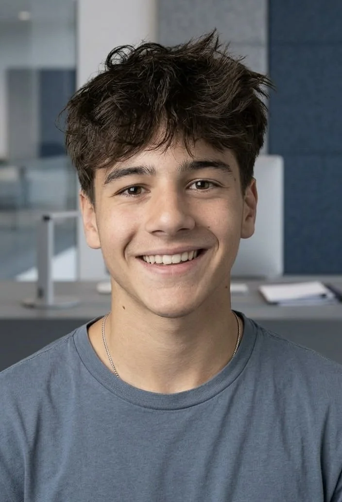 A young man smiling, wearing a gray T-shirt and a silver chain, with short messy brown hair, in an office setting with a computer and papers in the background.