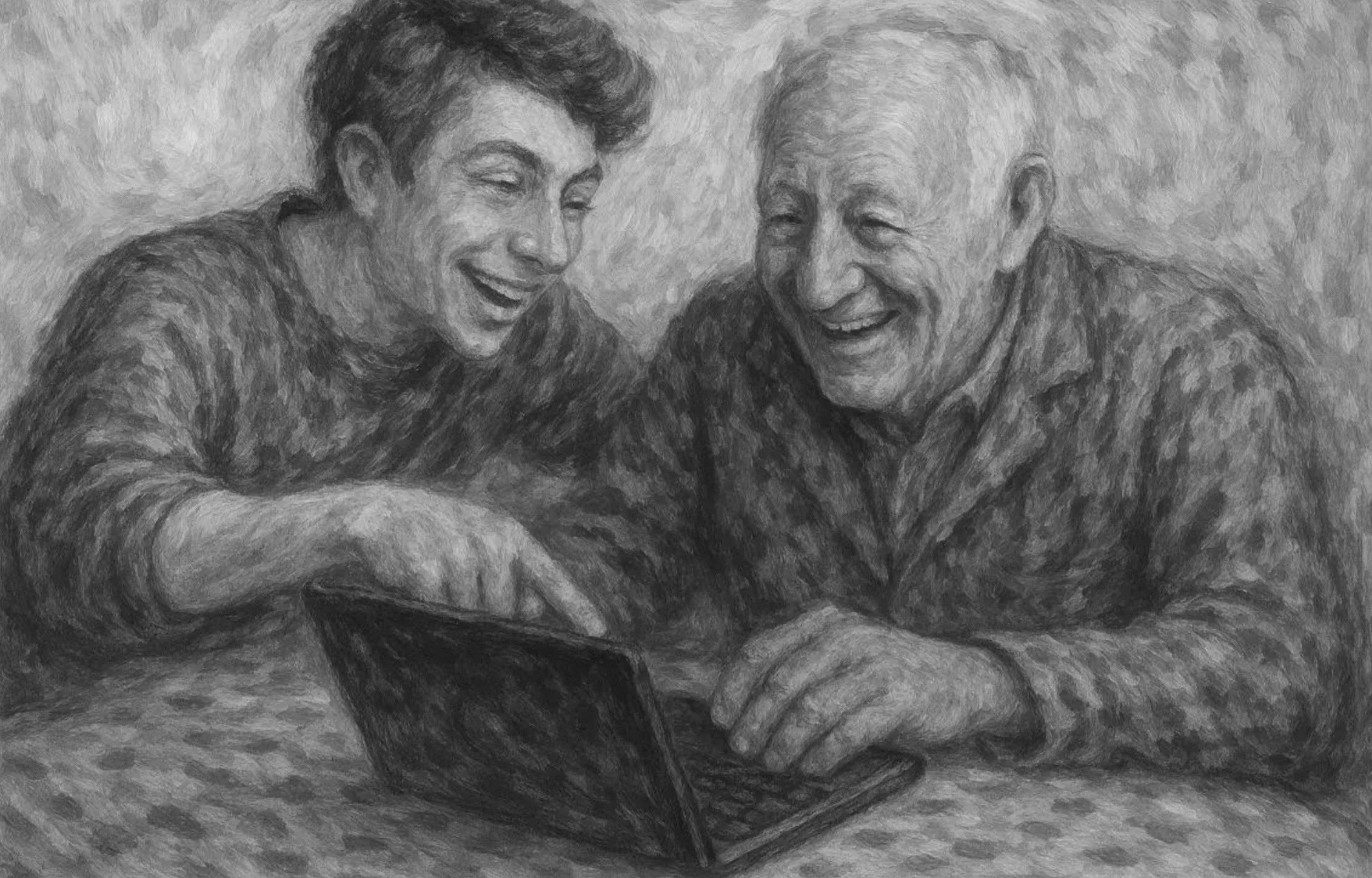 A black and white painting of an elderly man and woman laughing together while looking at a laptop.