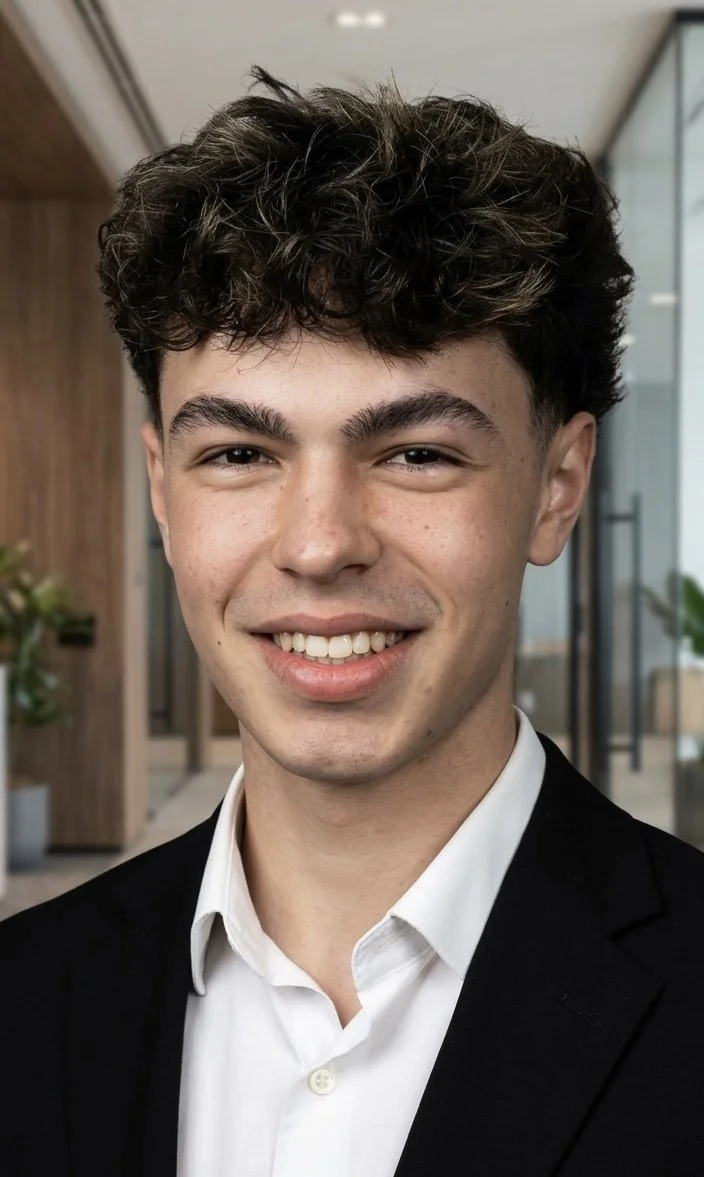 A young man with curly dark hair, wearing a white dress shirt and a black blazer, smiling in a modern office setting with wooden walls and large windows.