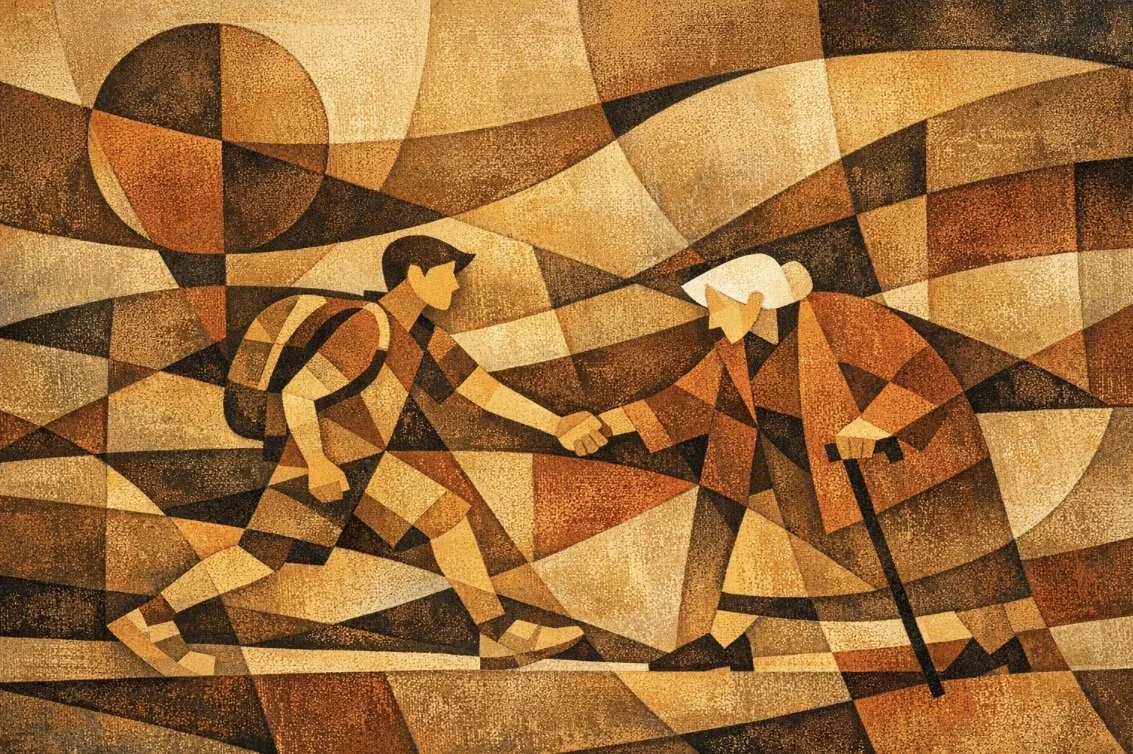 A stylized abstract digital mosaic depicting a young man with a backpack shaking hands with an elderly man holding a cane in a warm-toned, geometric background.