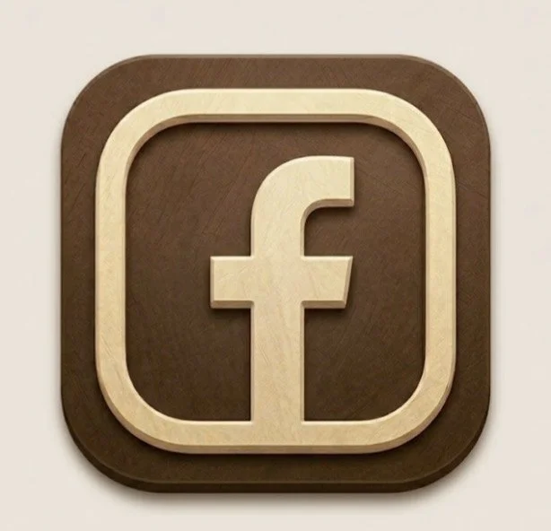 Wooden Facebook logo on a brown and beige background.