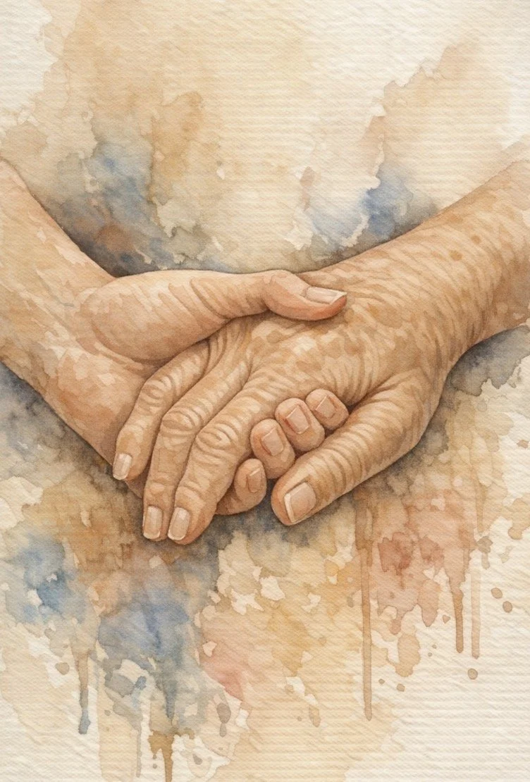 Painting of two hands holding each other, with a watercolor background in beige, brown, and blue tones.