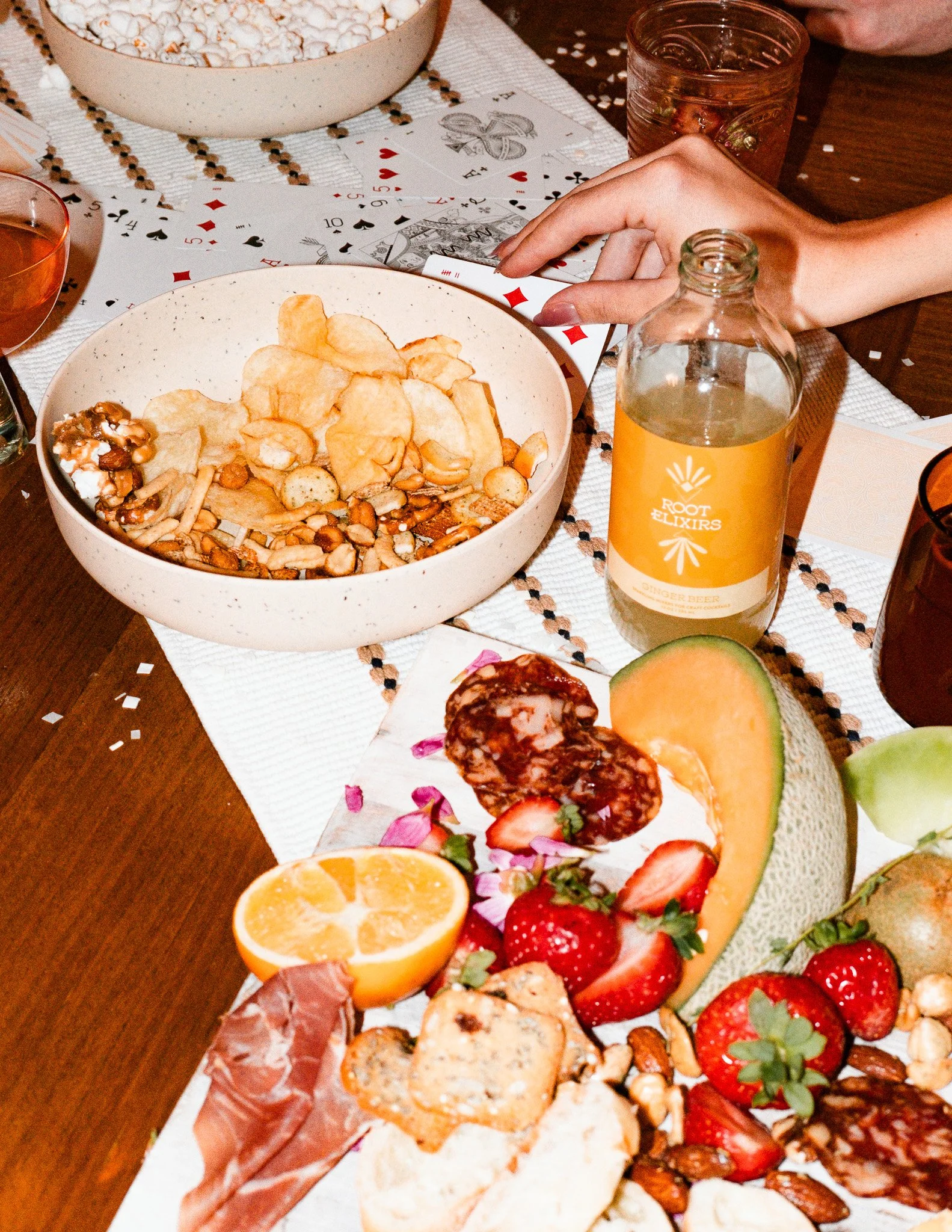 Sparkling mocktails on table with trail mix