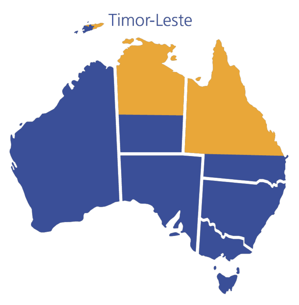 Map of Australia. All of Australia is blue. Areas in Gold for Queensland north of Gympie, Northern Territory north of Alice Springs and includes Timor Leste. This shows what is District 9560