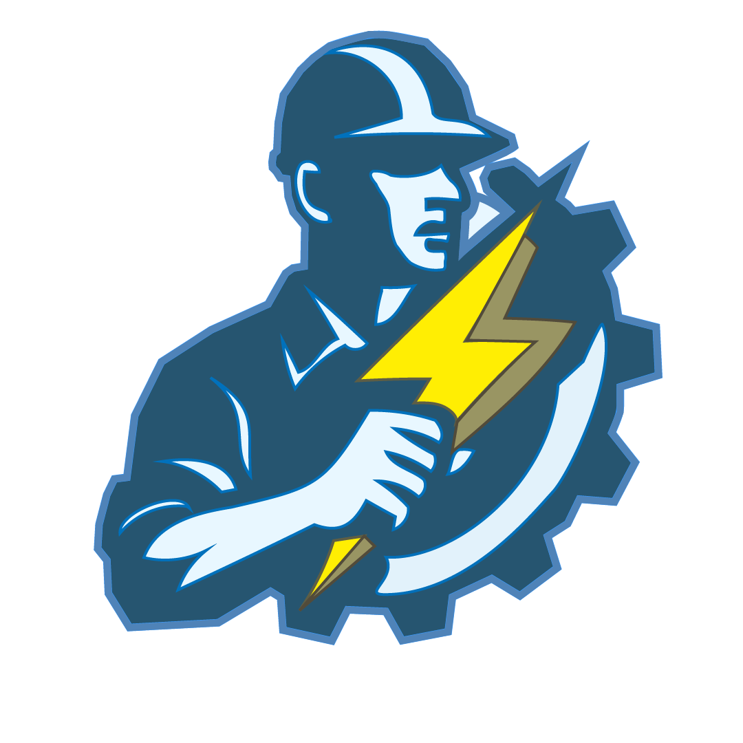 A stylized illustration of a person wearing a cap, holding a lightning bolt, with gear and lightning bolt elements around them, symbolizing repair or electrical work.