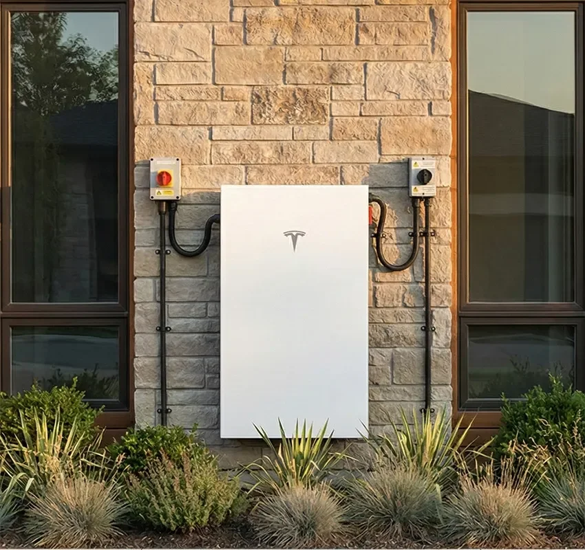 An exterior view of a house showing a Tesla Powerwall installed on a brick wall between two windows, with electrical boxes and wiring, surrounded by desert plants.