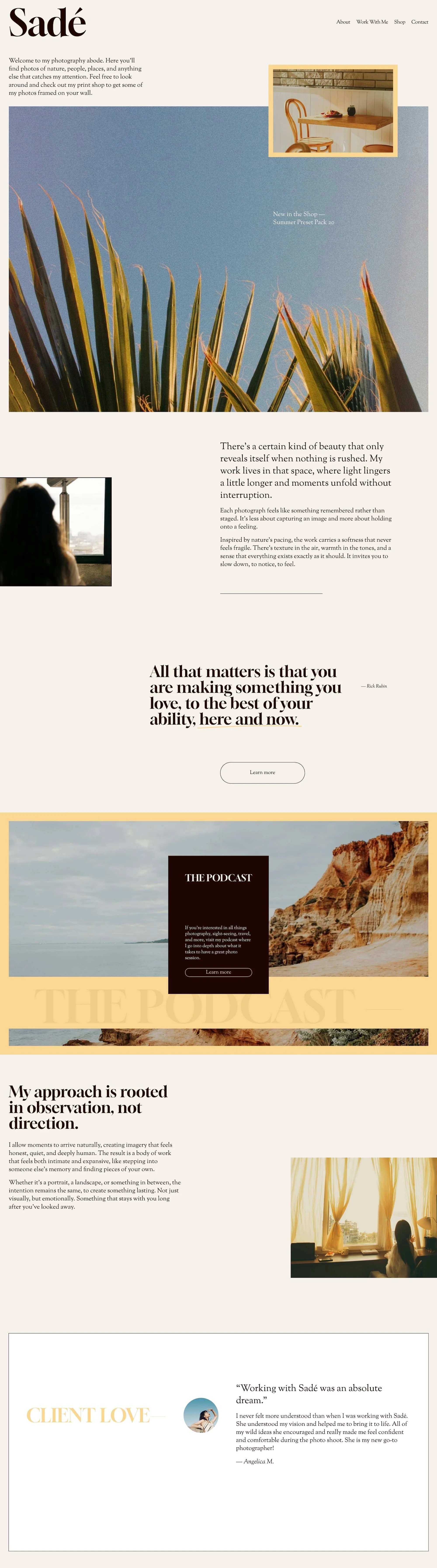 A homepage of Sadé photography website with a large plant in the foreground, a picture of a cozy interior with a table and chairs, and landscape photos including cliffs and water, with text about photography and creativity.